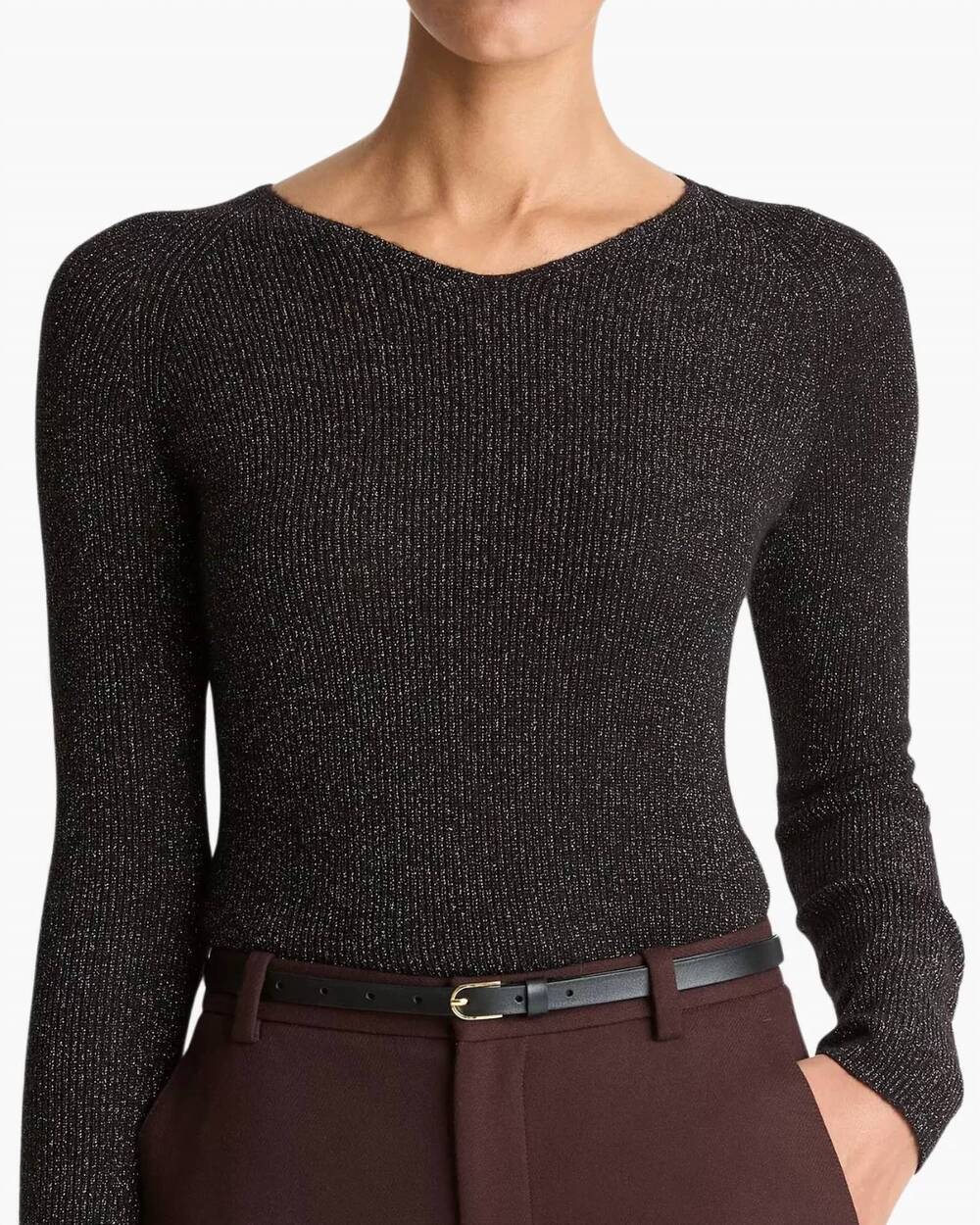 NEW VINCE metallic ribbed high v-neck sweater in black